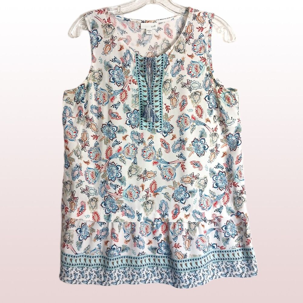 J. Jill Boho Sleeveless Floral Top w Tassels Flounce Size SP